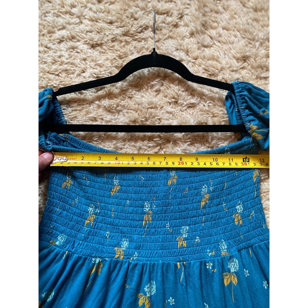 Free People Smocked Floral Top Bell Sleeve Bohemian Off Shoulder Teal Size SP - Picture 6 of 9